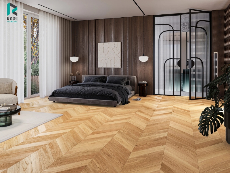 Kiểu lát sàn gỗ chevron tạo điểm nhấn mạnh mẽ cho không gian
