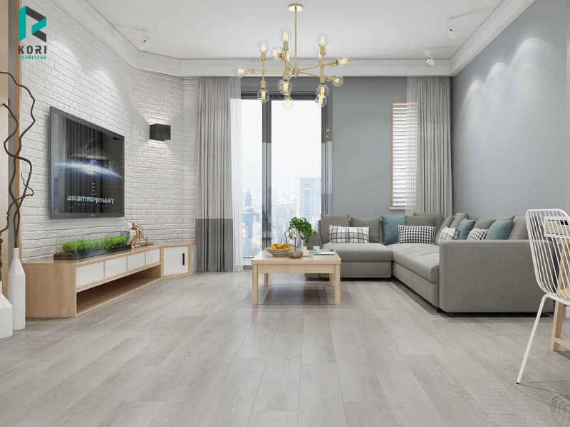 Sàn gỗ màu trắng tạo cảm giác rộng rãi cho không gian